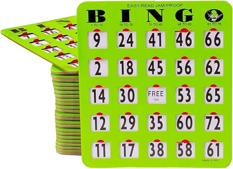 Mr Chips Jam-Proof Easy-Read Large Print Fingertip Bingo Cards with Sliding Windows 25 Pack in Green Style - Image 1